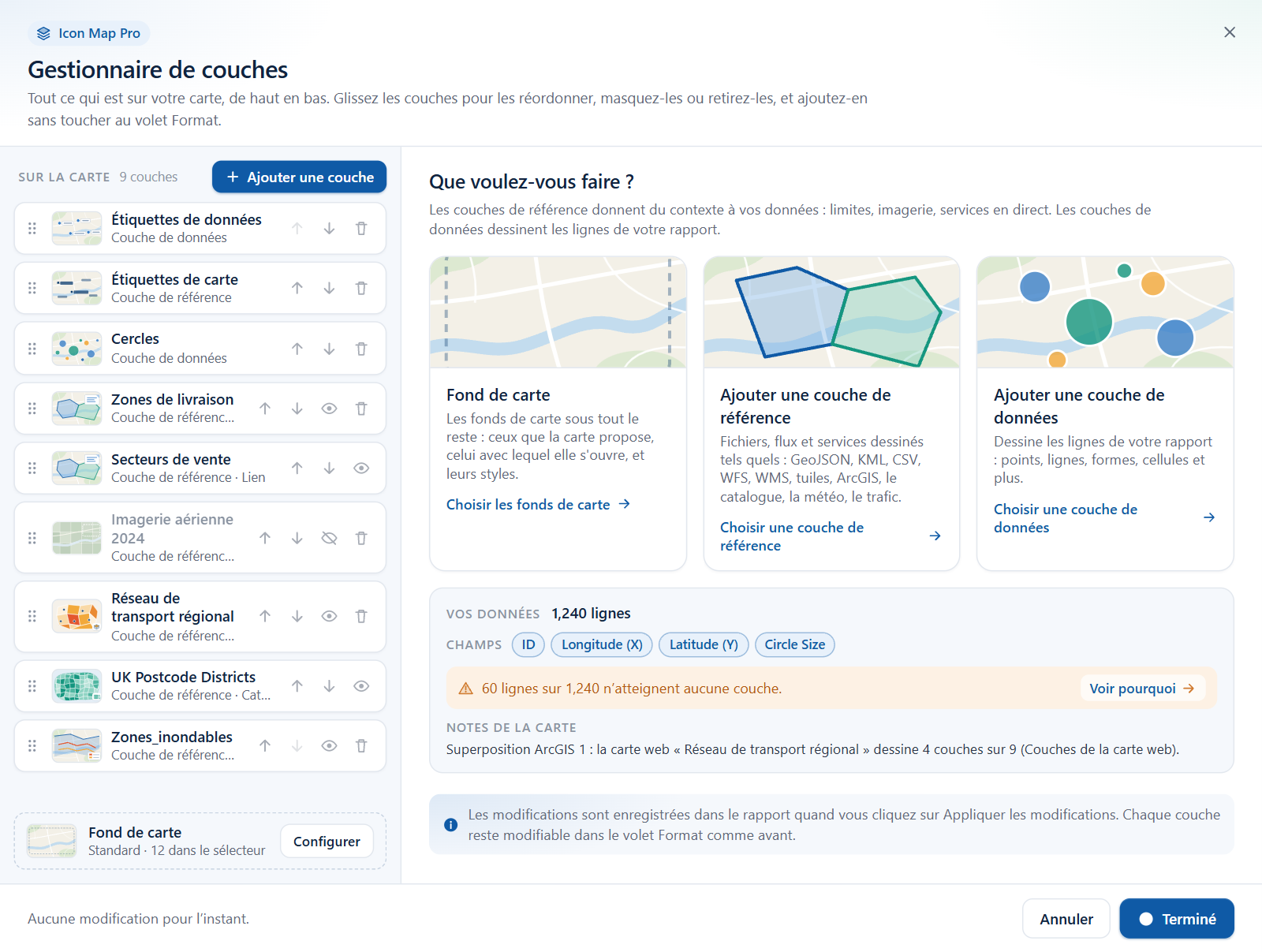 La boîte de dialogue Gestionnaire de couches, avec la liste des couches à gauche et la vue d'accueil à droite
