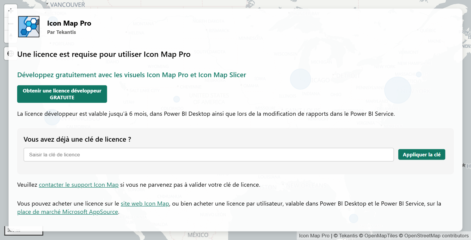 Le message de licence sur une carte sans licence en cours de modification, avec le bouton Obtenir une licence développeur GRATUITE et la zone destinée à une clé de licence existante