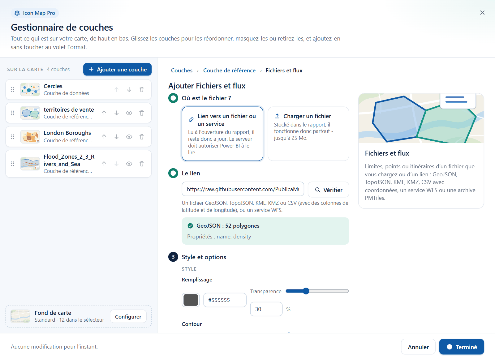 L'assistant Fichiers et flux du Gestionnaire de couches après une vérification de lien, affichant le format, le nombre d'entités et les noms des propriétés