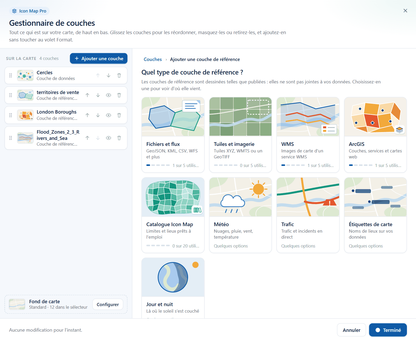 Le sélecteur de couche de référence du Gestionnaire de couches avec une vignette pour chaque type de couche de référence