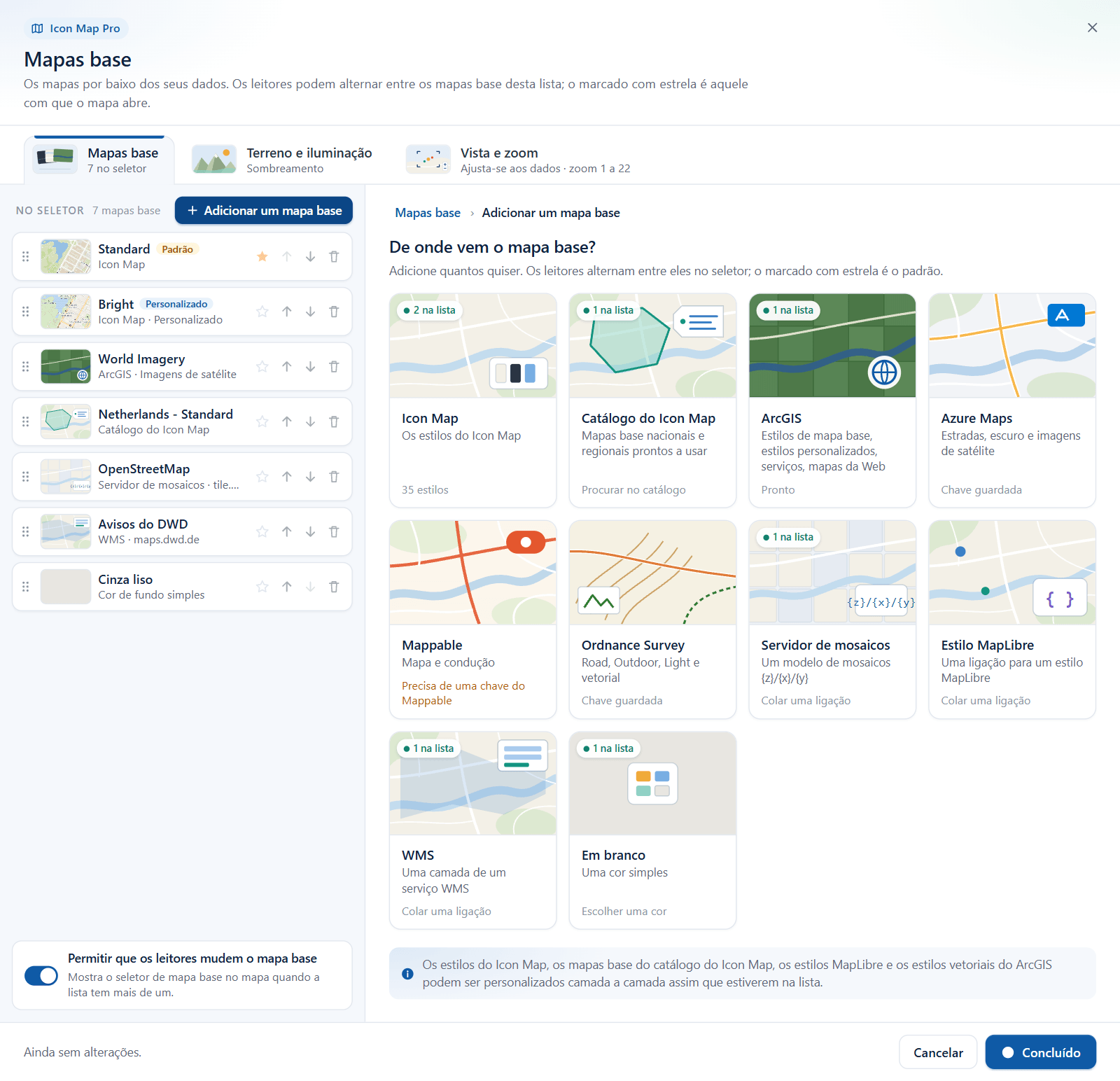 A tela de adição com dez blocos de fornecedores: Icon Map, Catálogo do Icon Map, ArcGIS, Azure Maps, Mappable, Ordnance Survey, Servidor de mosaicos, Estilo MapLibre, WMS e Em branco