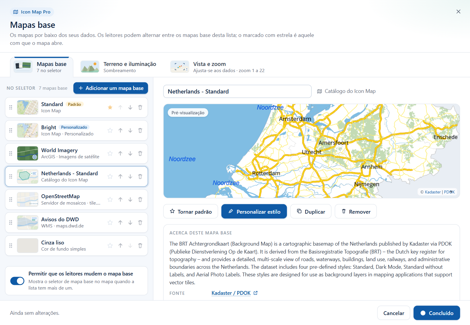 A vista de edição de um mapa base do Catálogo do Icon Map: nome, pré-visualização ao vivo, botões de ação e a seção Acerca deste mapa base