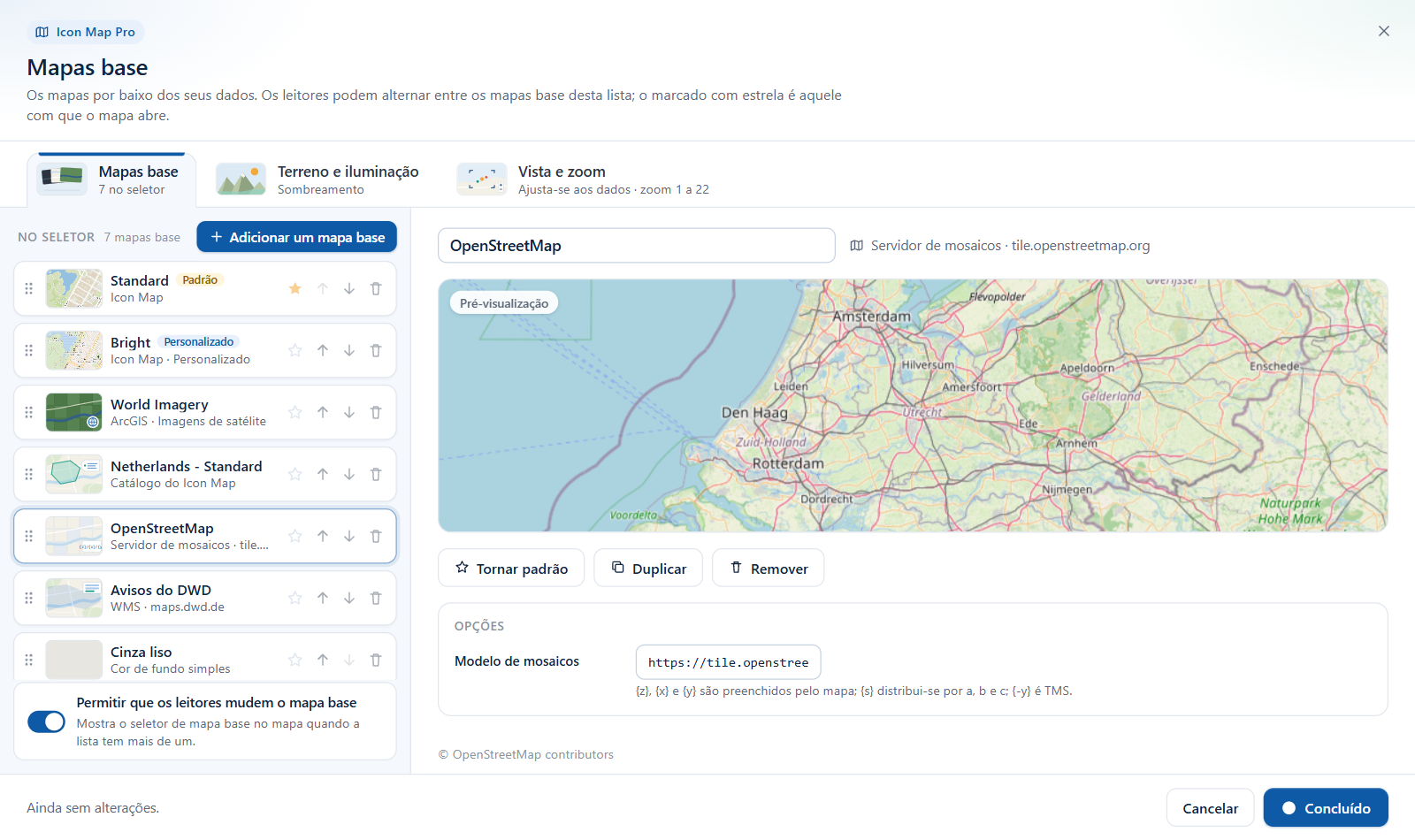 A caixa de diálogo Mapas base: a lista de mapas base à esquerda, a pré-visualização e as opções do mapa base selecionado à direita