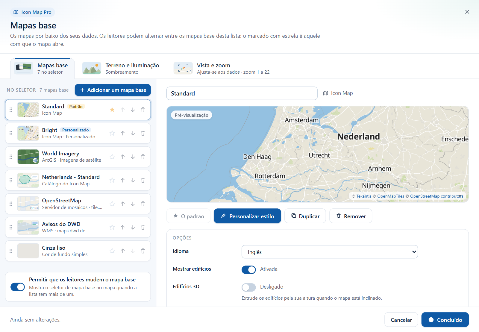 A caixa de diálogo Mapas base com uma lista de sete mapas base à esquerda e uma pré-visualização do mapa base selecionado à direita