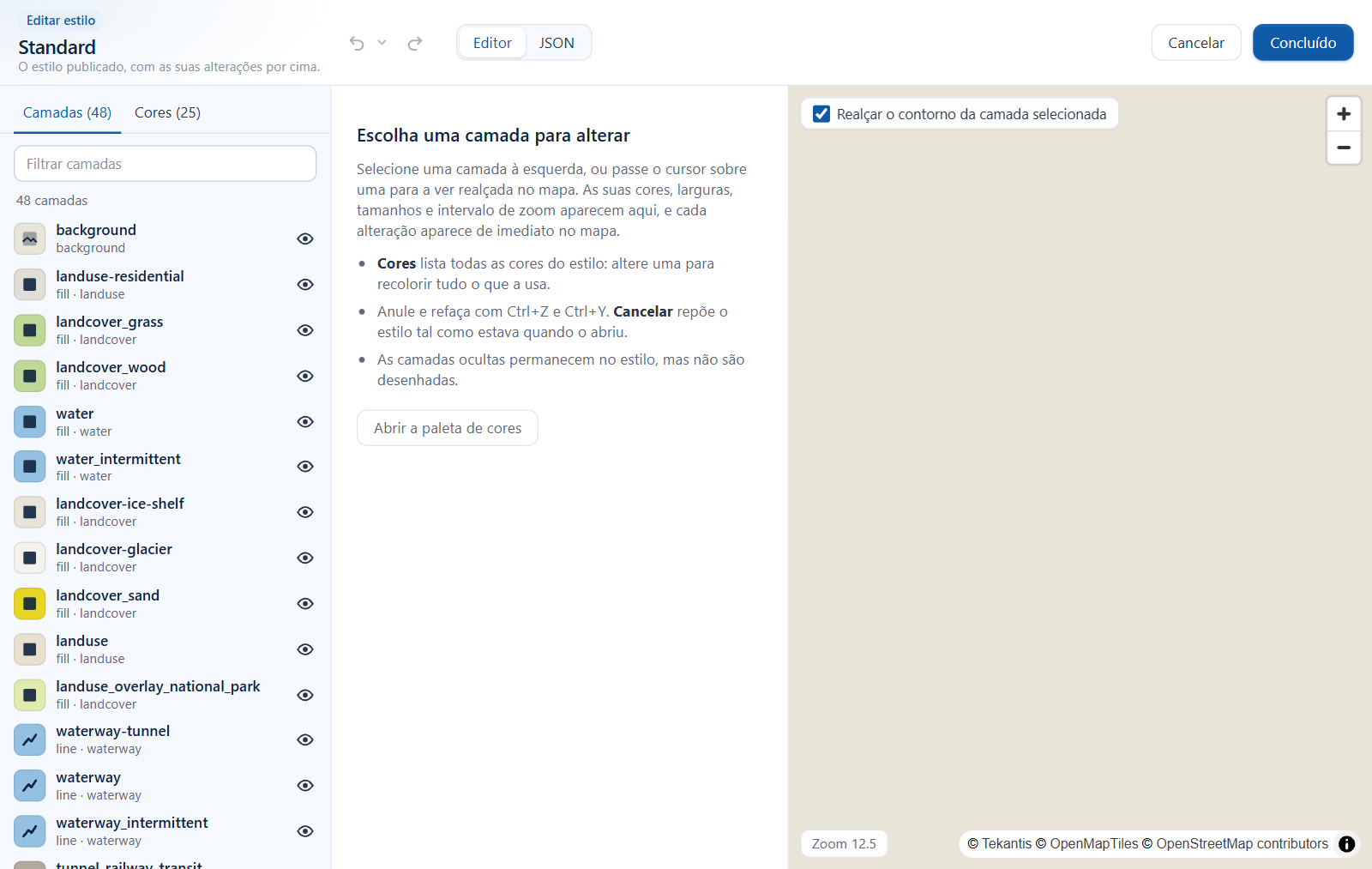 O editor de estilo: a lista de camadas à esquerda, as propriedades da camada selecionada no meio e um mapa de pré-visualização ao vivo à direita