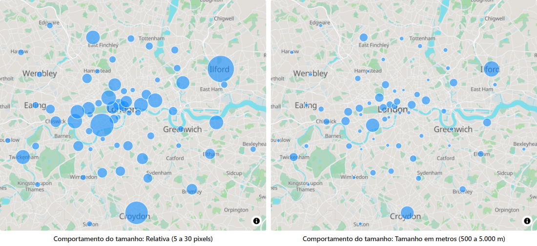 Os mesmos círculos desenhados com a opção Relativa e com Tamanho em metros