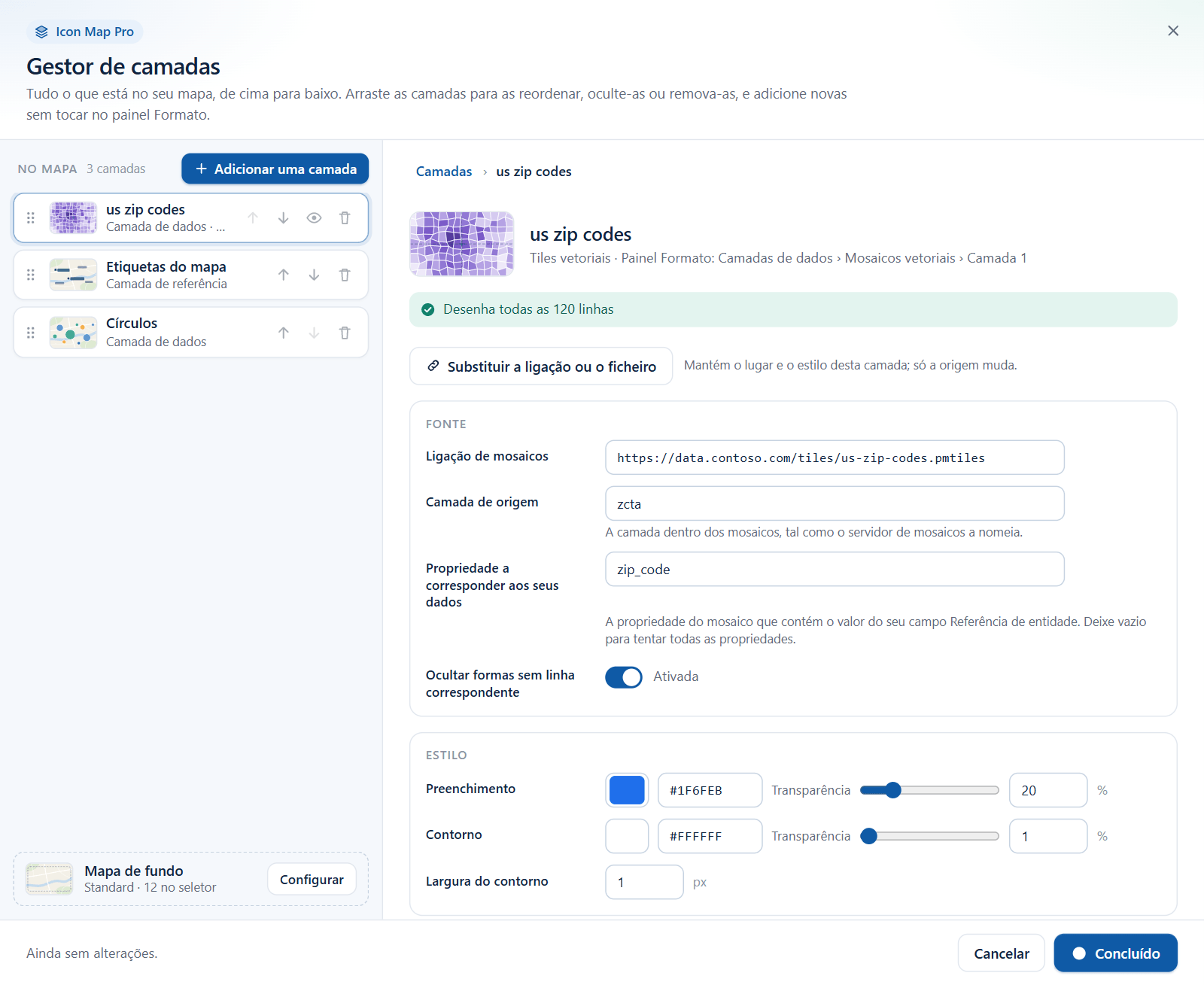 O editor de Tiles vetoriais no Gestor de camadas, com o link dos tiles, a camada de origem e a propriedade a corresponder