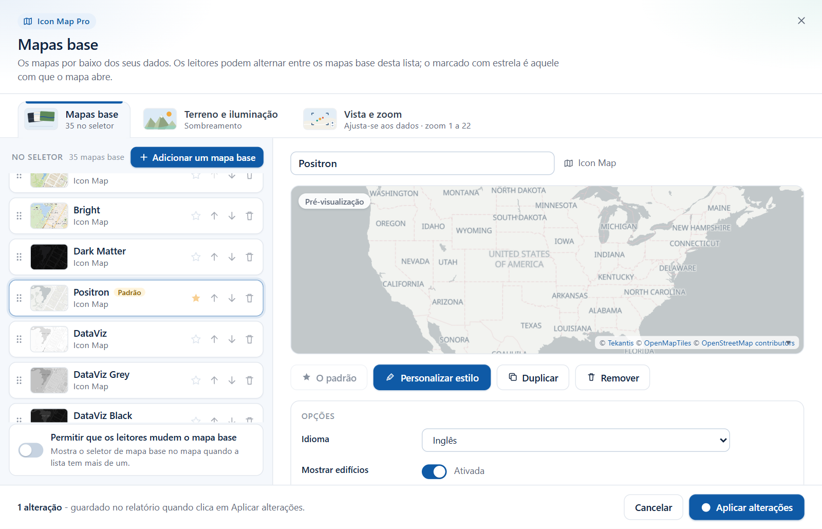 A caixa de diálogo Mapas base, com a lista de estilos do Icon Map à esquerda e uma pré-visualização do estilo selecionado à direita