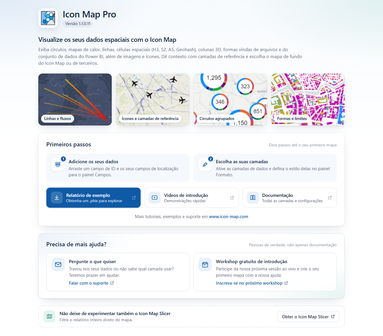 A página inicial do Icon Map Pro em um visual vazio, com mapas de exemplo e um painel Primeiros passos