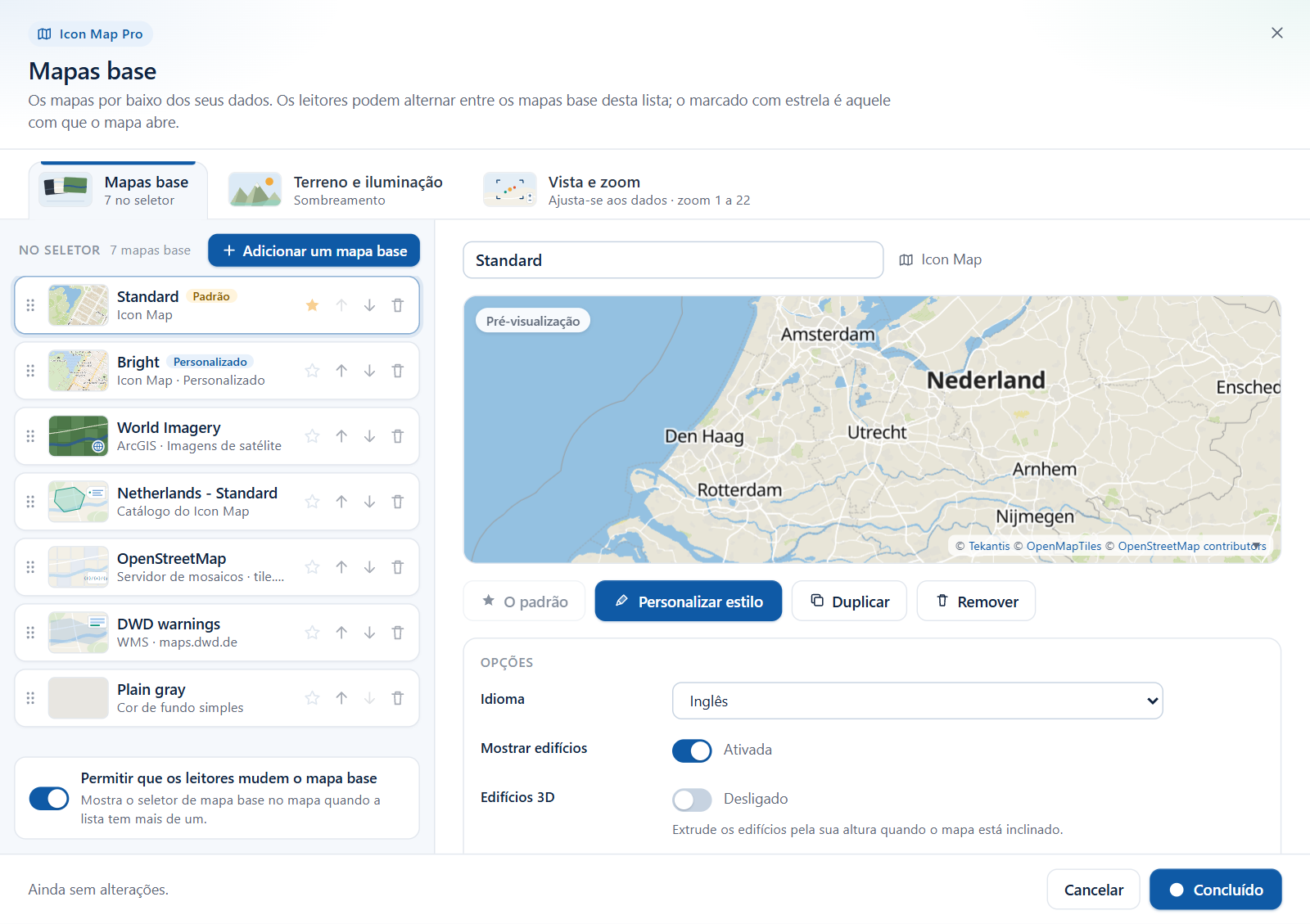 A caixa de diálogo Mapas base, com uma lista de mapas base à esquerda e uma pré-visualização à direita