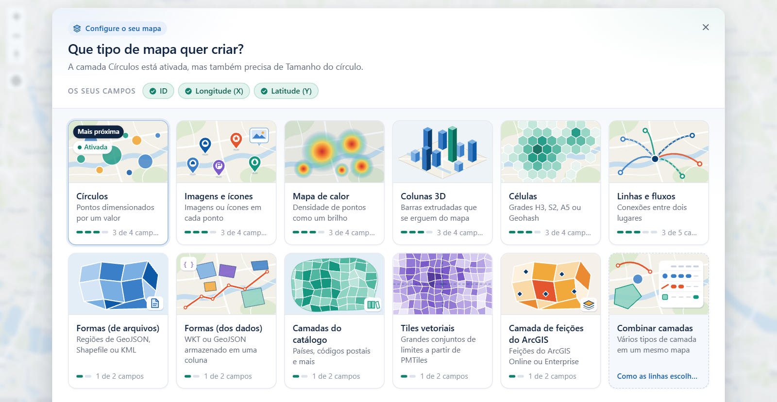 O guia Que tipo de mapa quer criar sobre o mapa, com um bloco para cada tipo de camada e os campos que já estão no visual