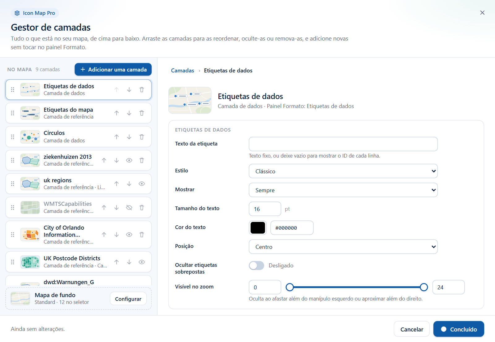 O Gestor de camadas com a linha Etiquetas de dados selecionada e o editor aberto à direita