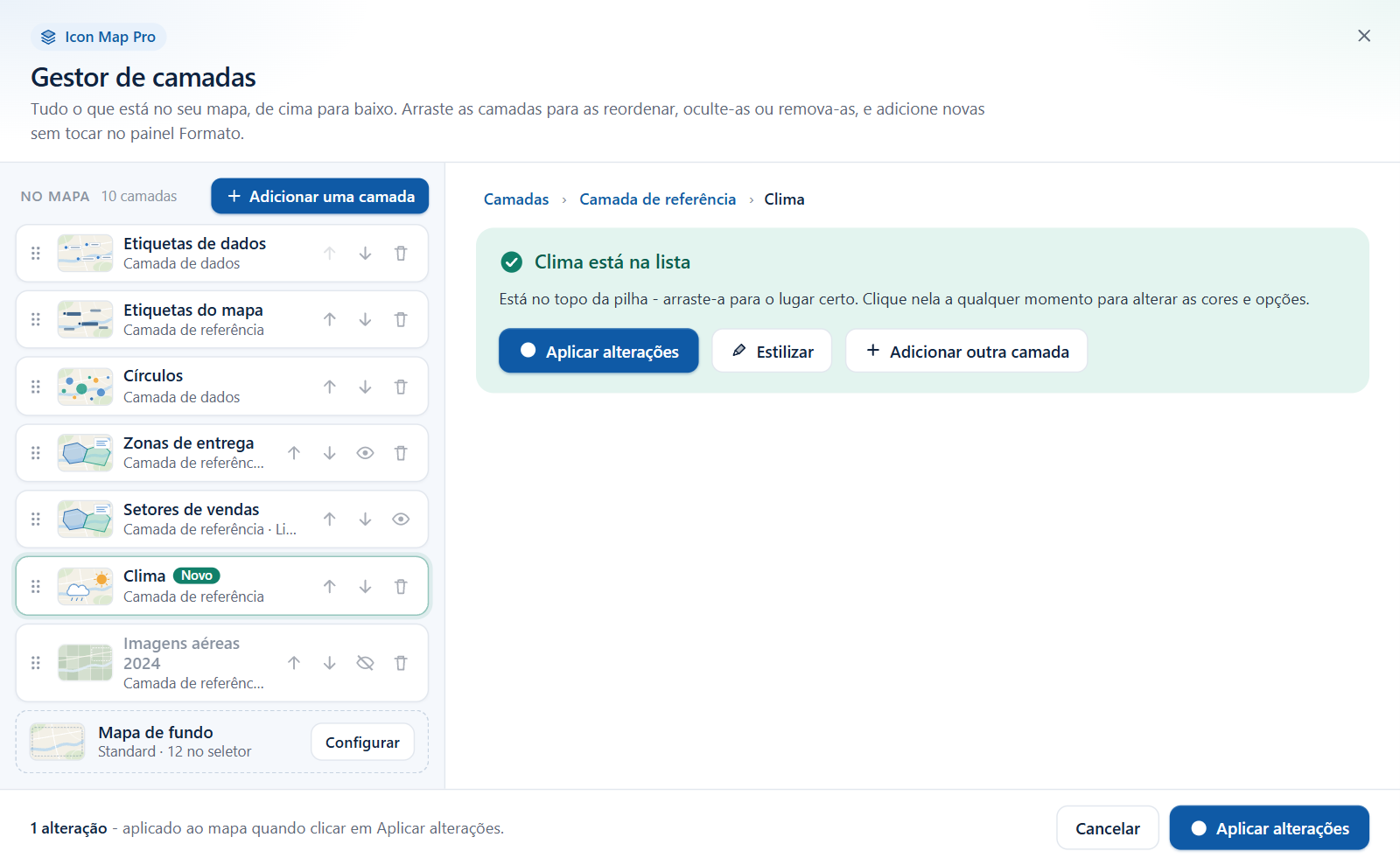 A confirmação depois de adicionar uma camada, com os botões Aplicar alterações, Estilizar e Adicionar outra camada