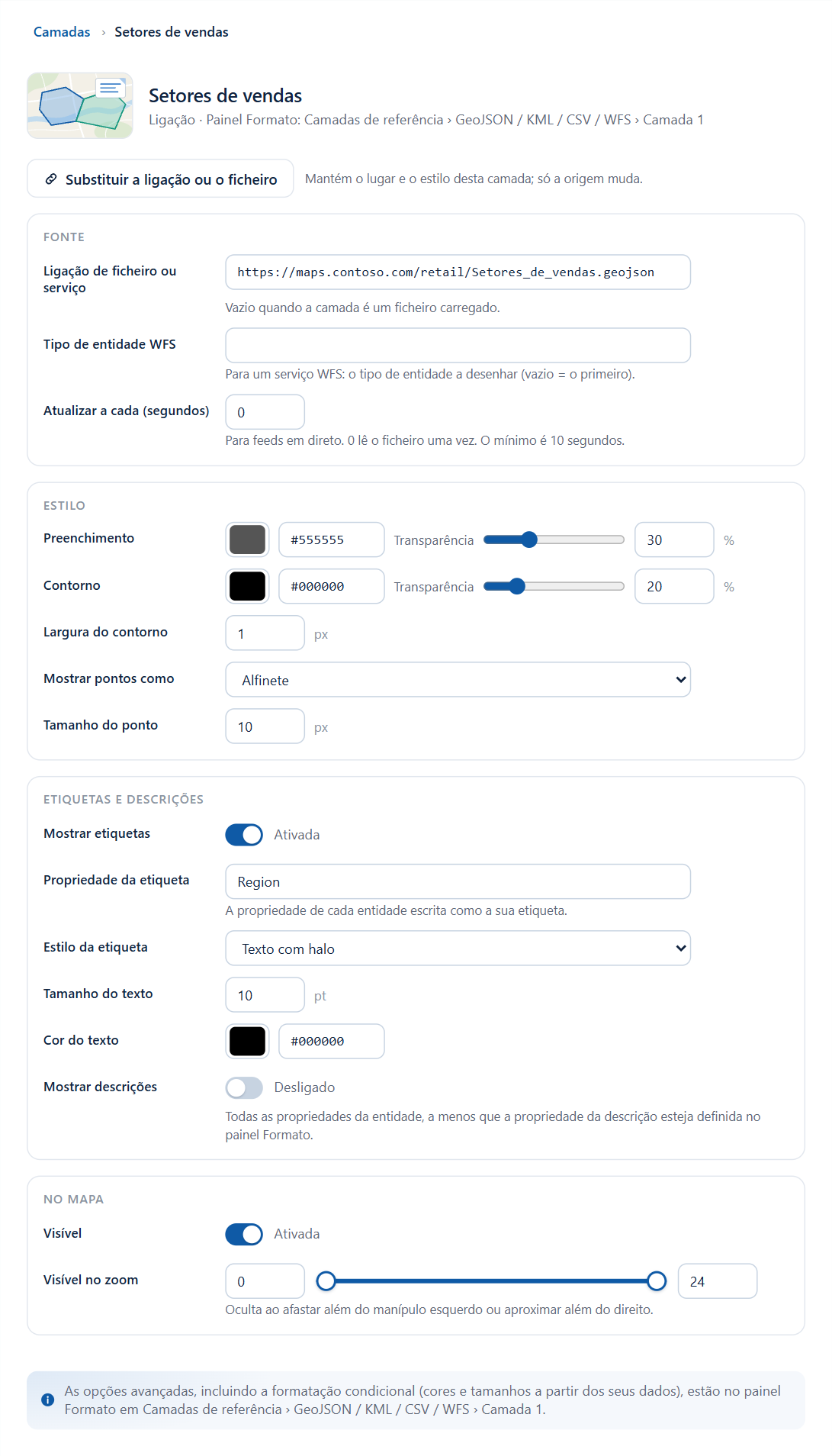 O editor de uma camada Ficheiros e feeds, com o botão Substituir a ligação ou o ficheiro acima das seções Fonte, Estilo, Etiquetas e descrições e No mapa