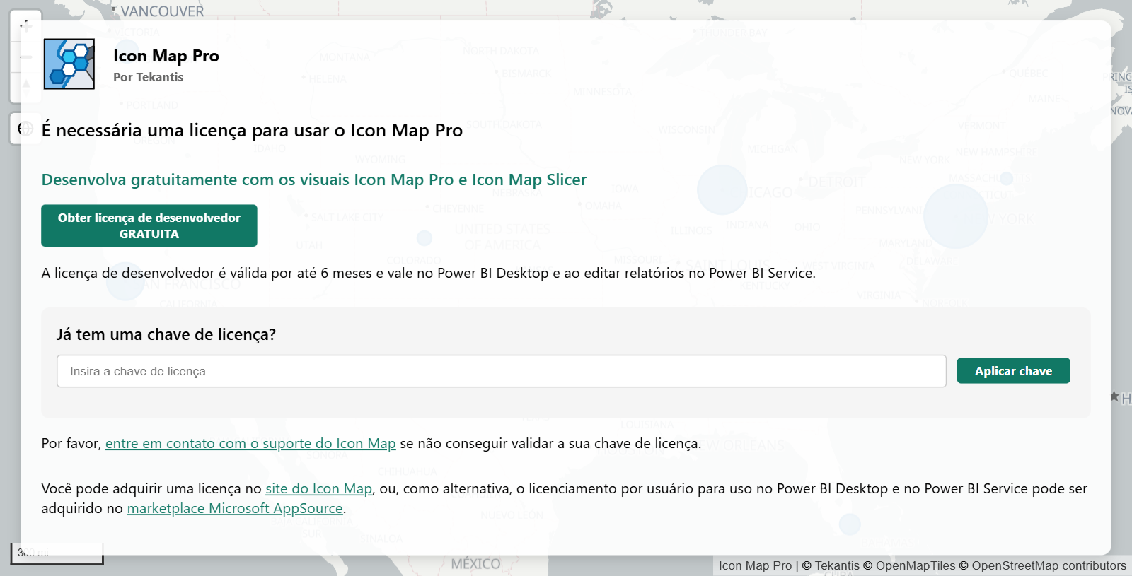 A mensagem de licença em um mapa sem licença durante a edição, com o botão Obter licença de desenvolvedor GRATUITA e a caixa para uma chave de licença existente