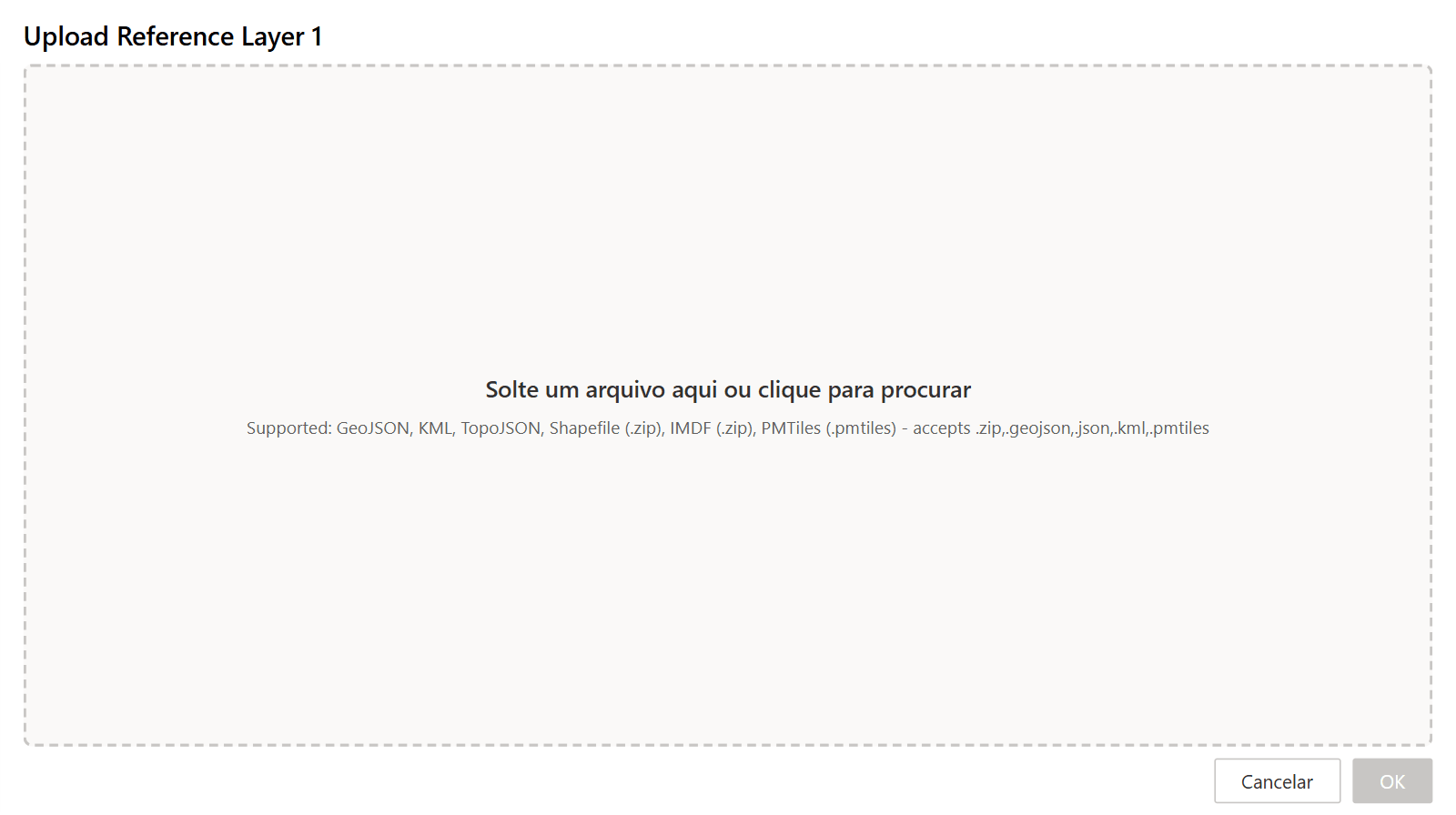 A janela de carregamento de arquivo com uma área para soltar e a lista dos tipos de arquivo suportados
