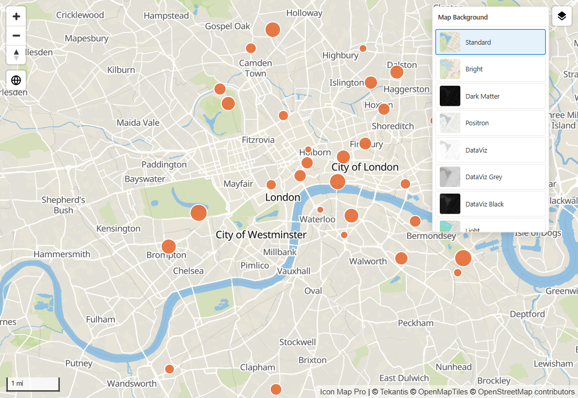 A map with the Map Background panel open, listing Icon Map styles
