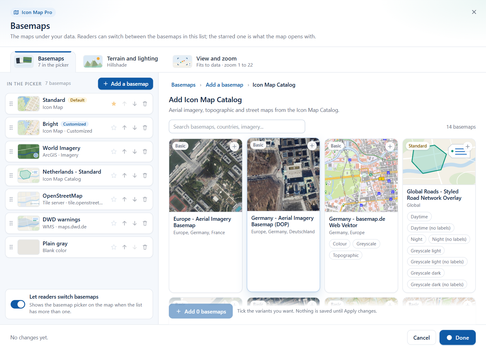 The Icon Map Catalog gallery with a search box, tier badges and variant chips
