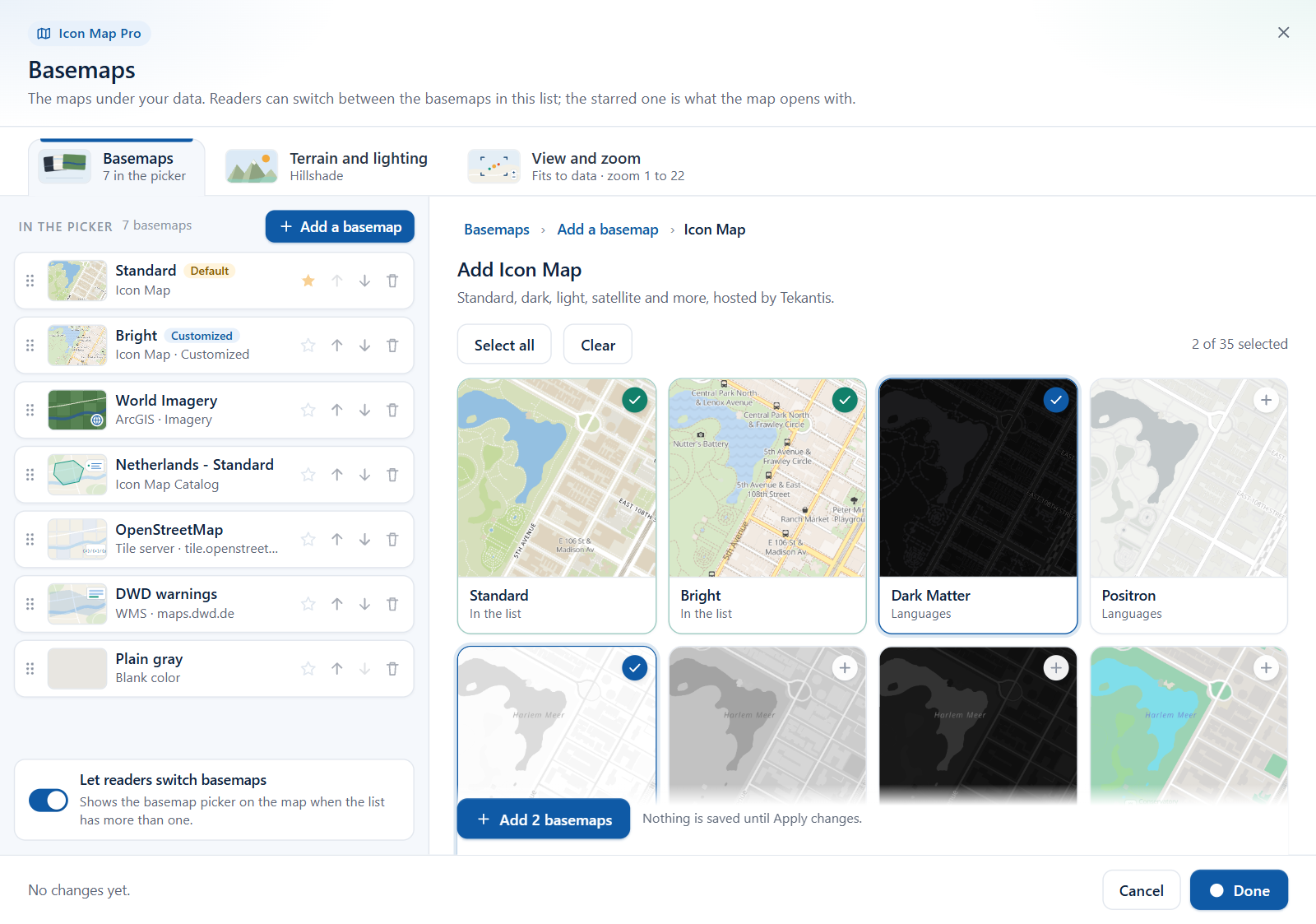 The Icon Map gallery with two styles ticked and the Add 2 basemaps button