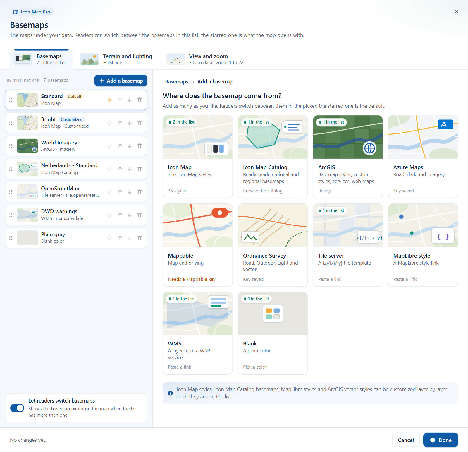 The add screen with ten provider tiles: Icon Map, Icon Map Catalog, ArcGIS, Azure Maps, Mappable, Ordnance Survey, Tile server, MapLibre style, WMS and Blank