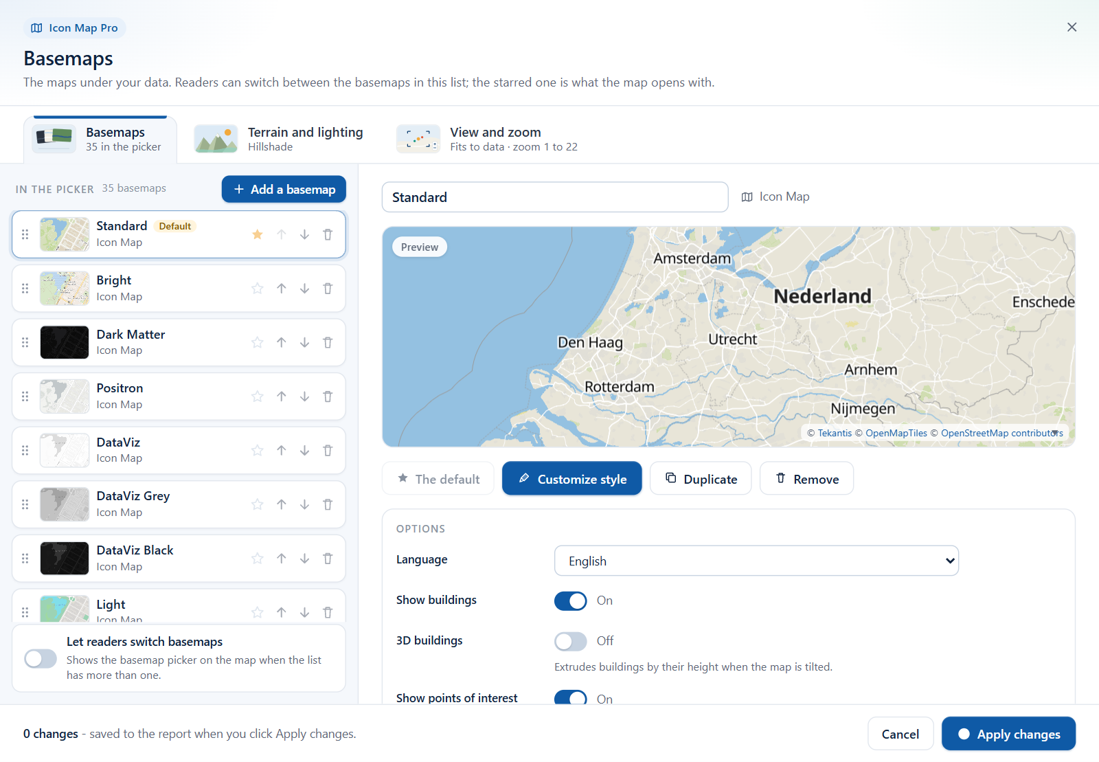 The dialog on first opening, listing every Icon Map style with Standard starred