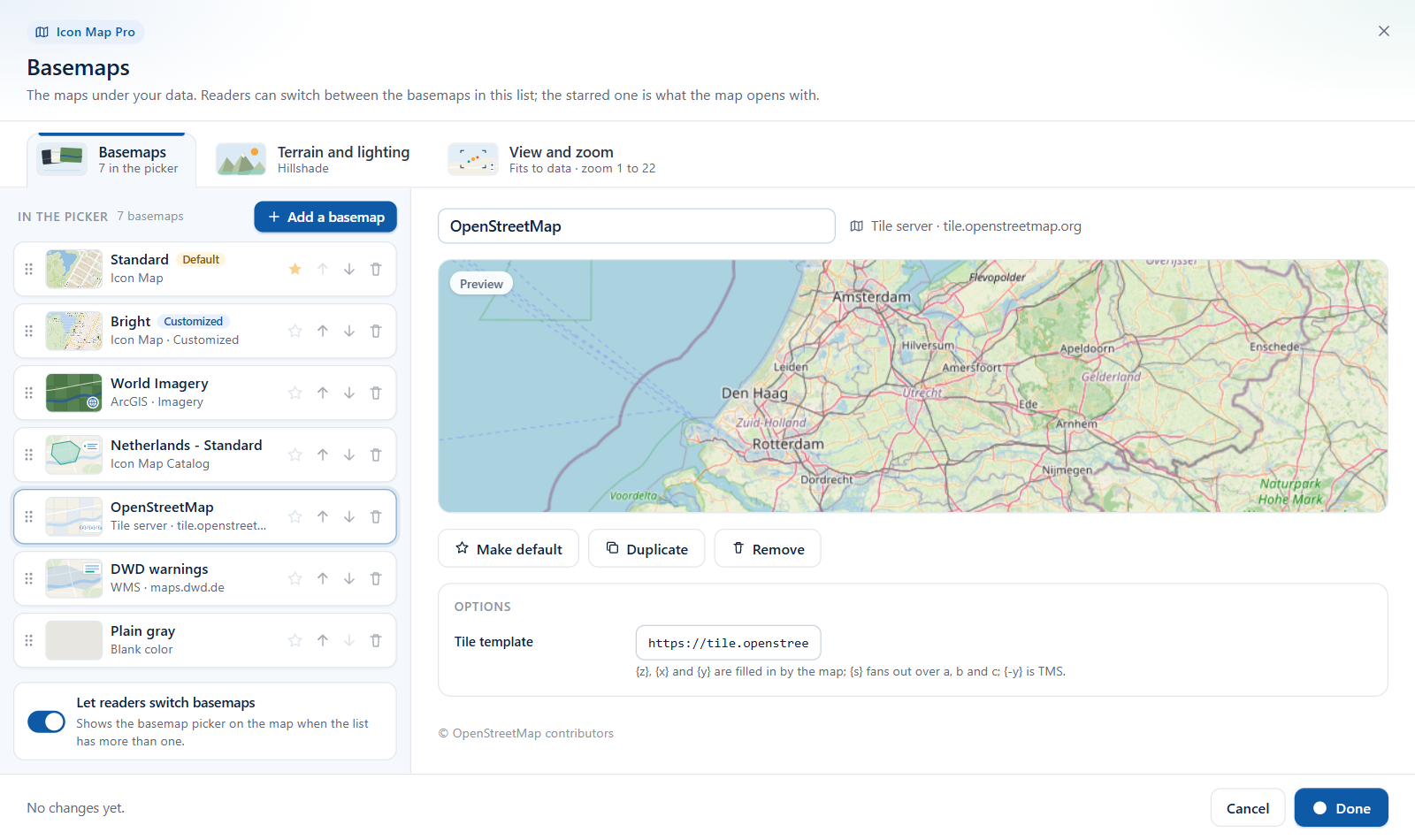 The Basemaps dialog: the basemap list on the left, the selected basemap's preview and options on the right