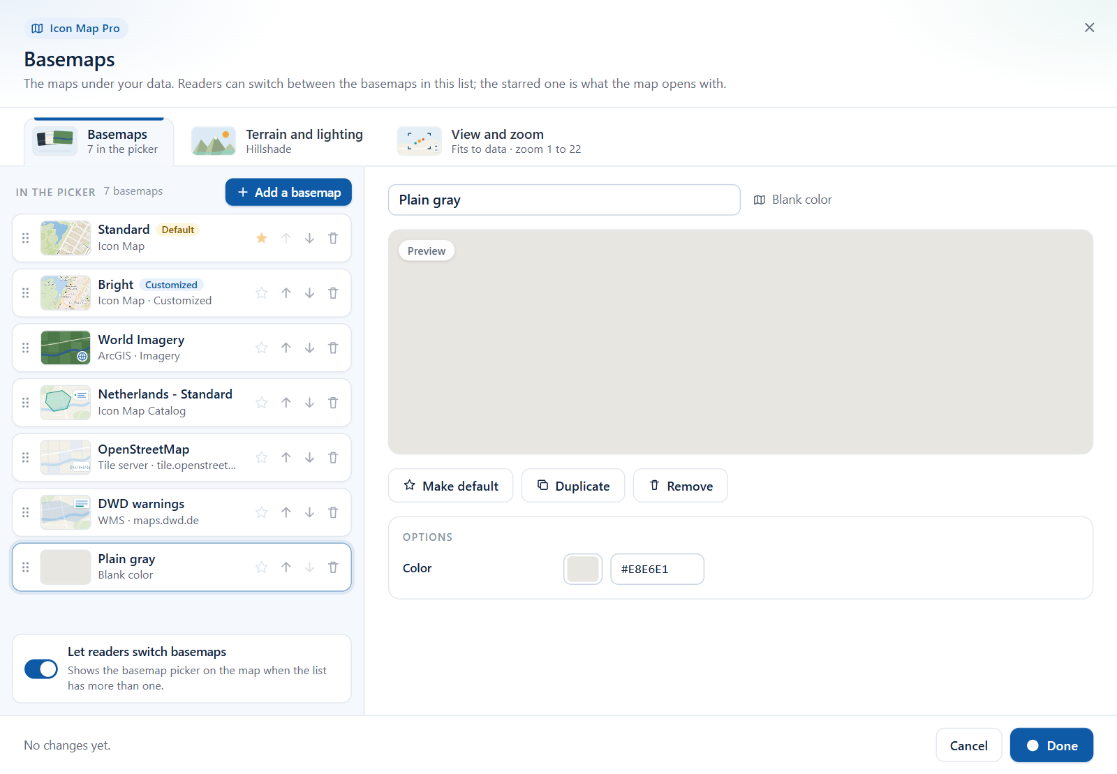 The Blank form in the Basemaps dialog with a color picker