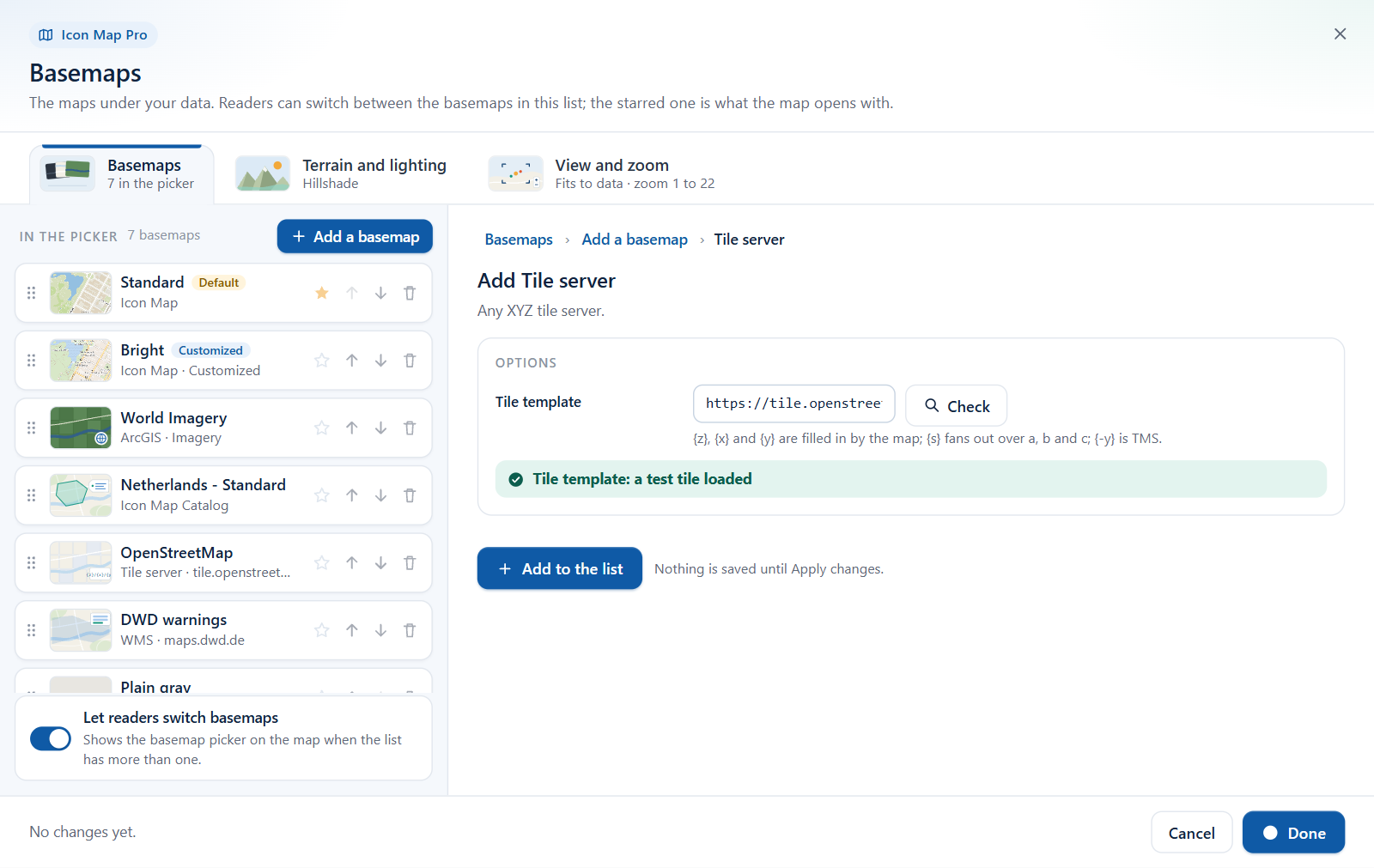 The Tile server form in the Basemaps dialog after a successful check