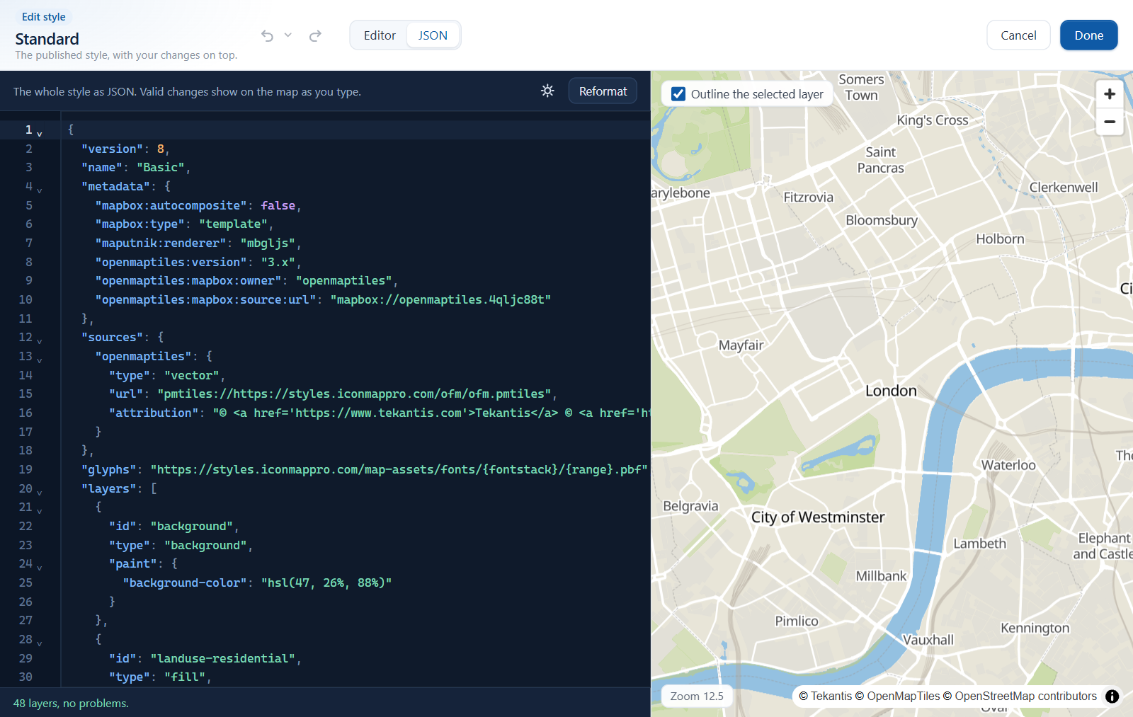 The JSON view of a style with line numbers and the live preview beside it