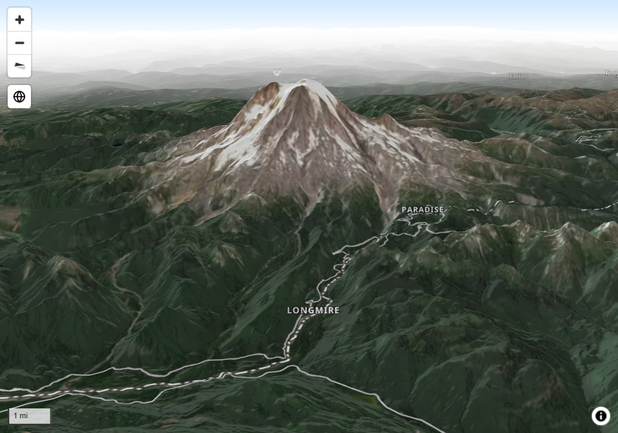 A tilted view of a mountain with 3D terrain, hillshade and a hazy white horizon under the sky