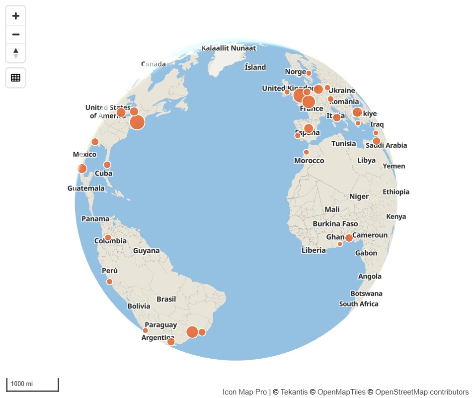 A map on the globe projection with data points across several continents