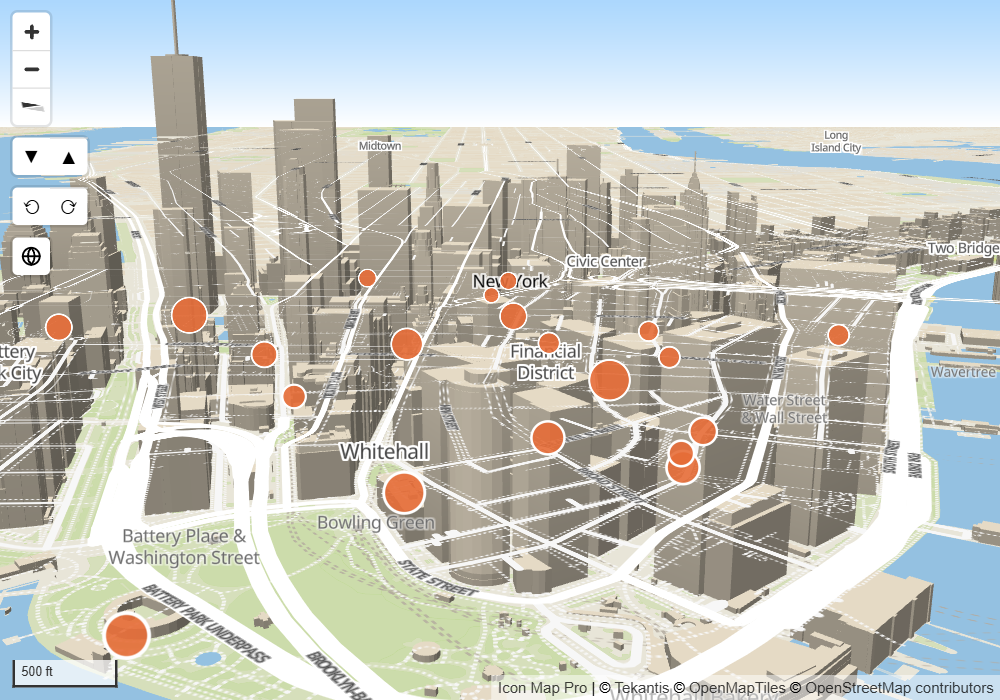 A tilted and rotated city map with 3D buildings and a sky above the horizon