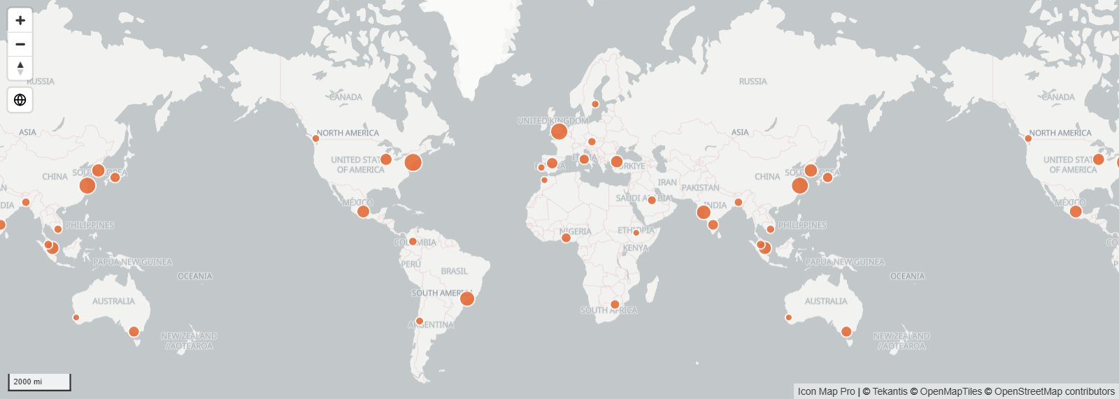 A zoomed-out flat map with World Copies on, showing the world and its data repeated to the left and right