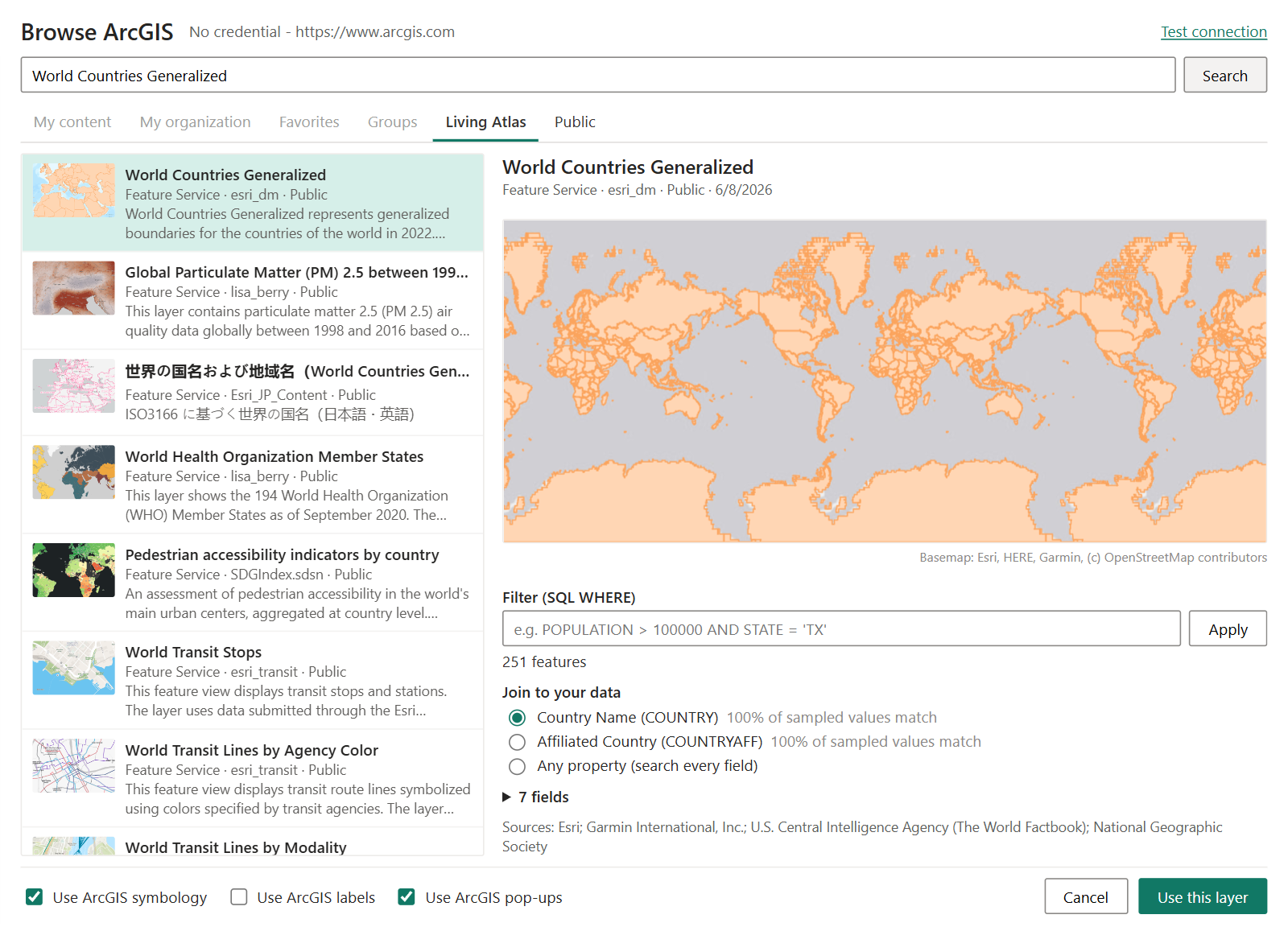 Browse ArcGIS with a feature layer previewed and the Join to your data list showing match percentages for each field