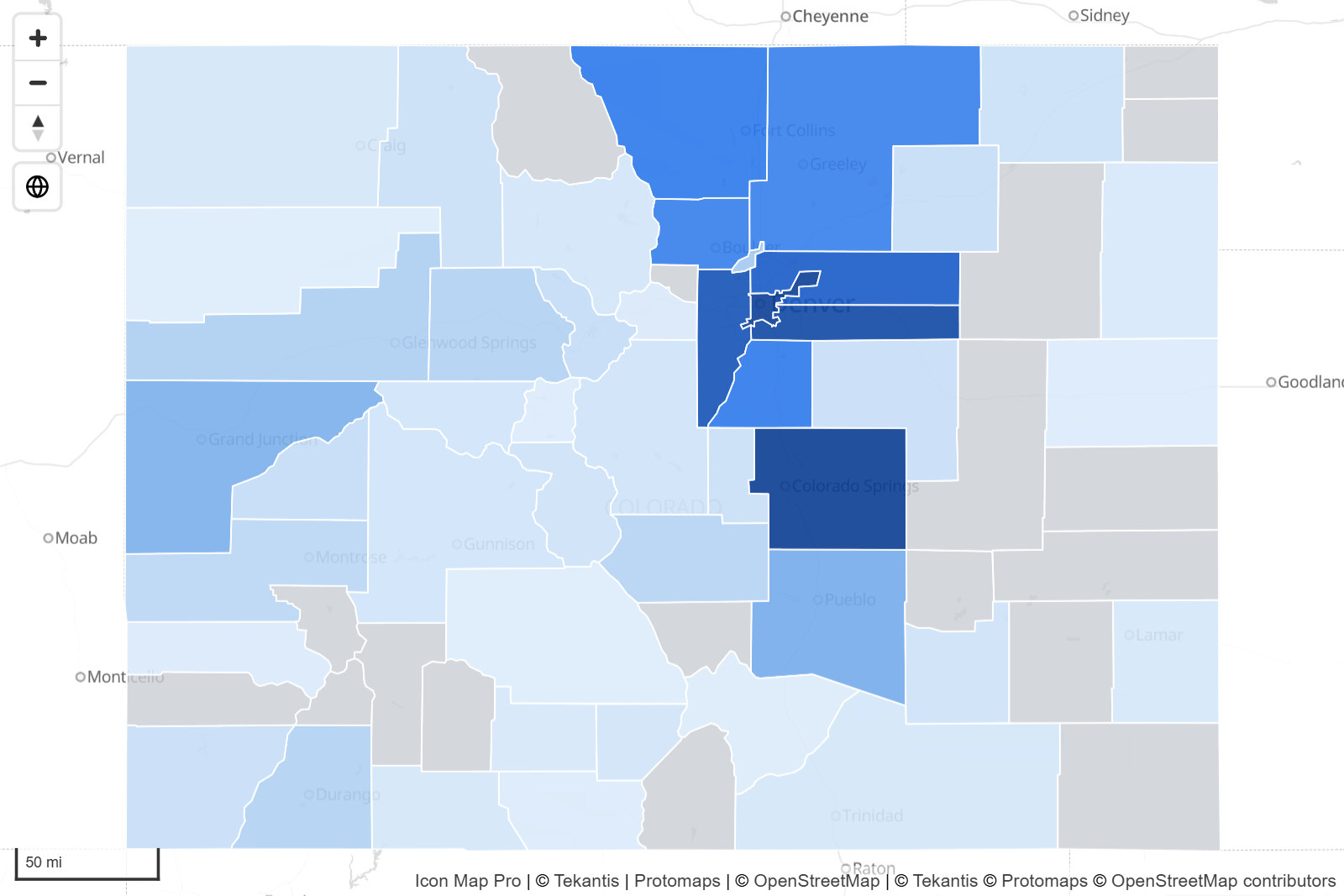 Counties from an ArcGIS feature layer colored by a measure from the report, with unmatched counties in gray
