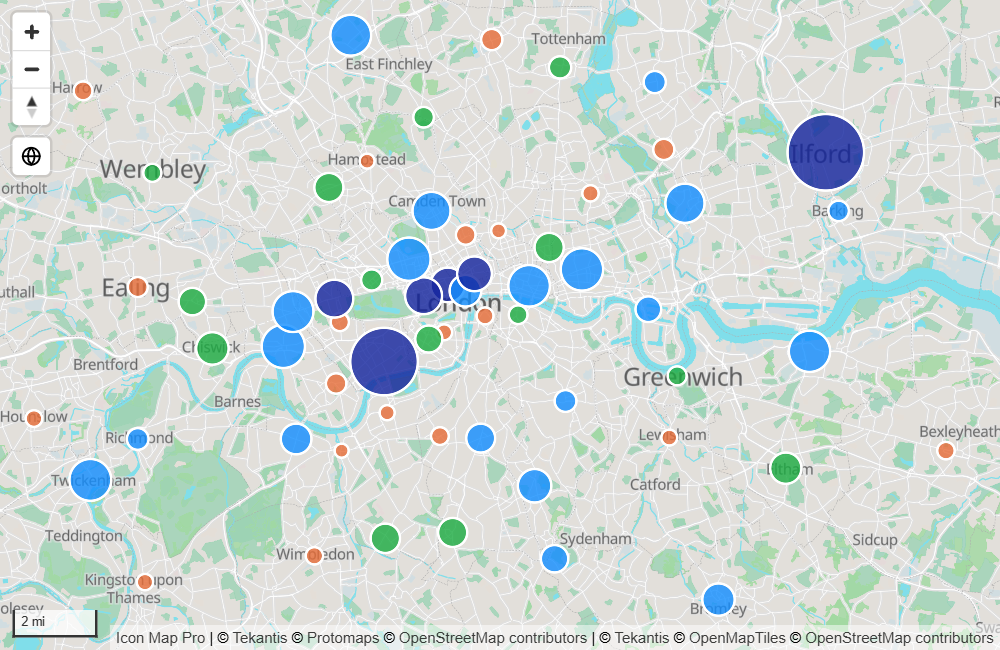 Círculos de distintos tamaños y colores sobre un mapa de calles