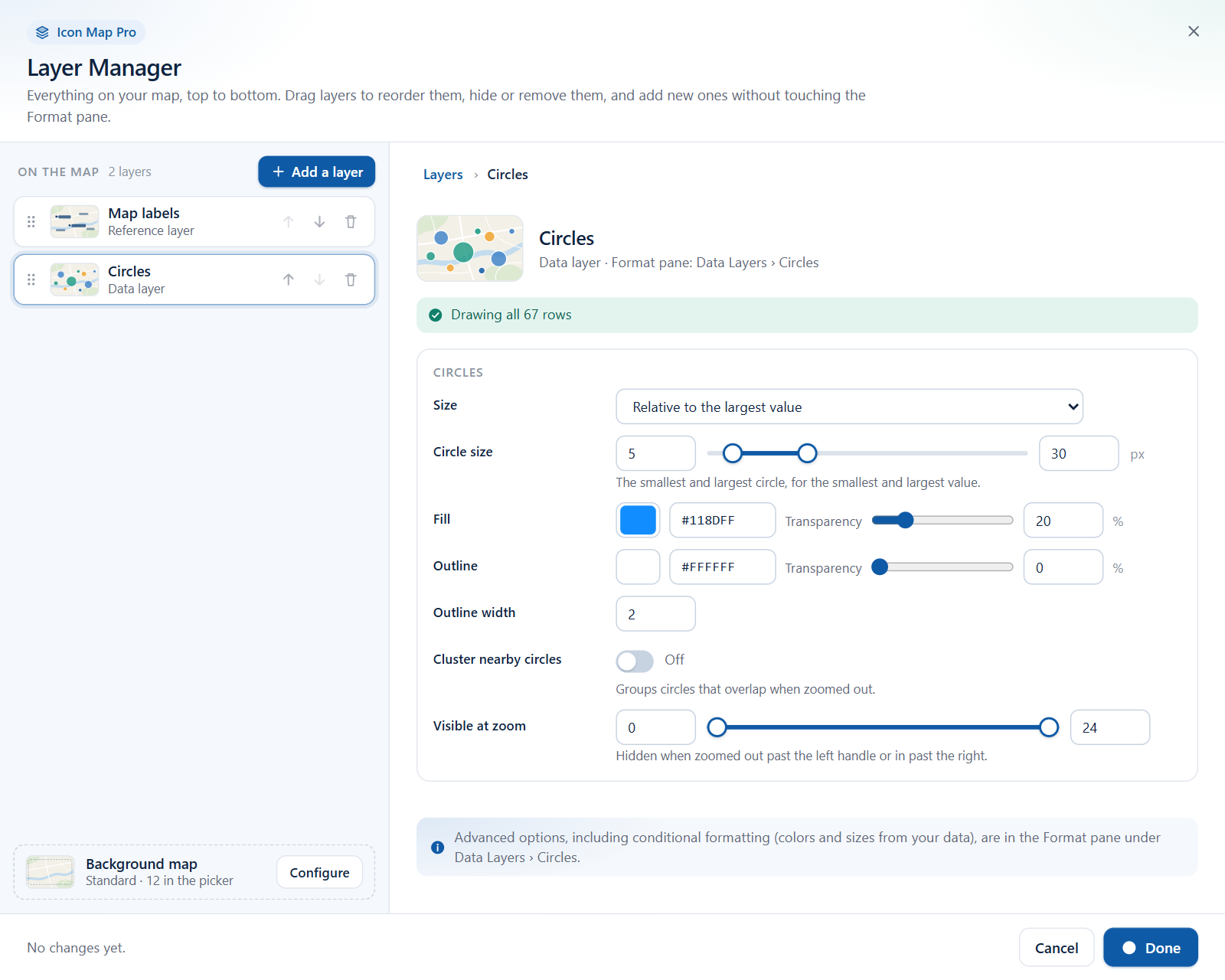 The Circles editor in the Layer Manager