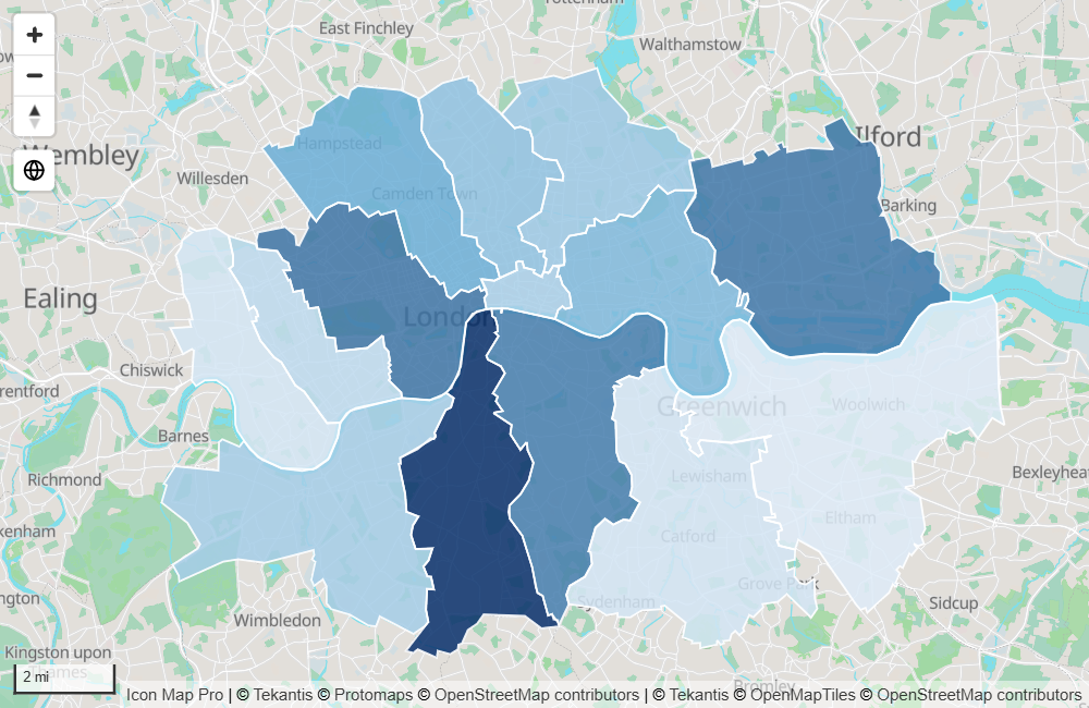 Puntos contados en los distritos de una ciudad, cada uno coloreado por su total