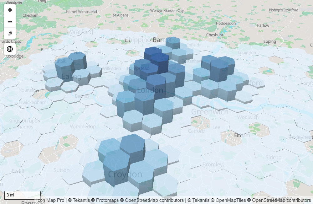 Celdas hexagonales elevadas a distintas alturas en un mapa inclinado