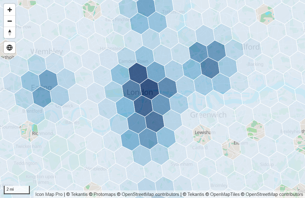 Celdas hexagonales sobre una ciudad, sombreadas de azul pálido a azul oscuro