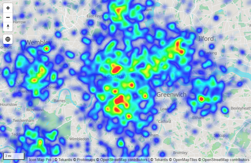 Eine Heatmap über einer Stadt, blau an den Rändern und rot, wo die Punkte am dichtesten liegen