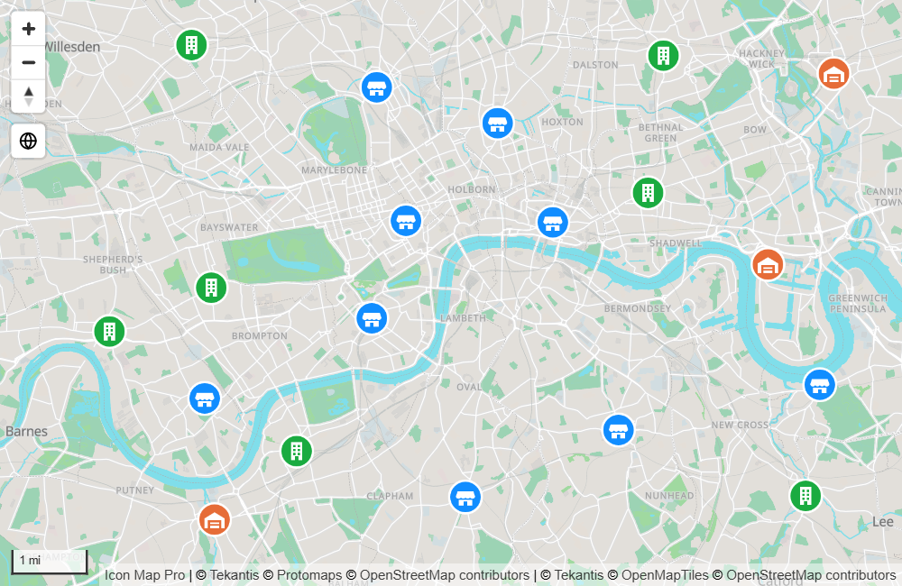 Verschiedenartige Symbole markieren Standorte auf einer Straßenkarte