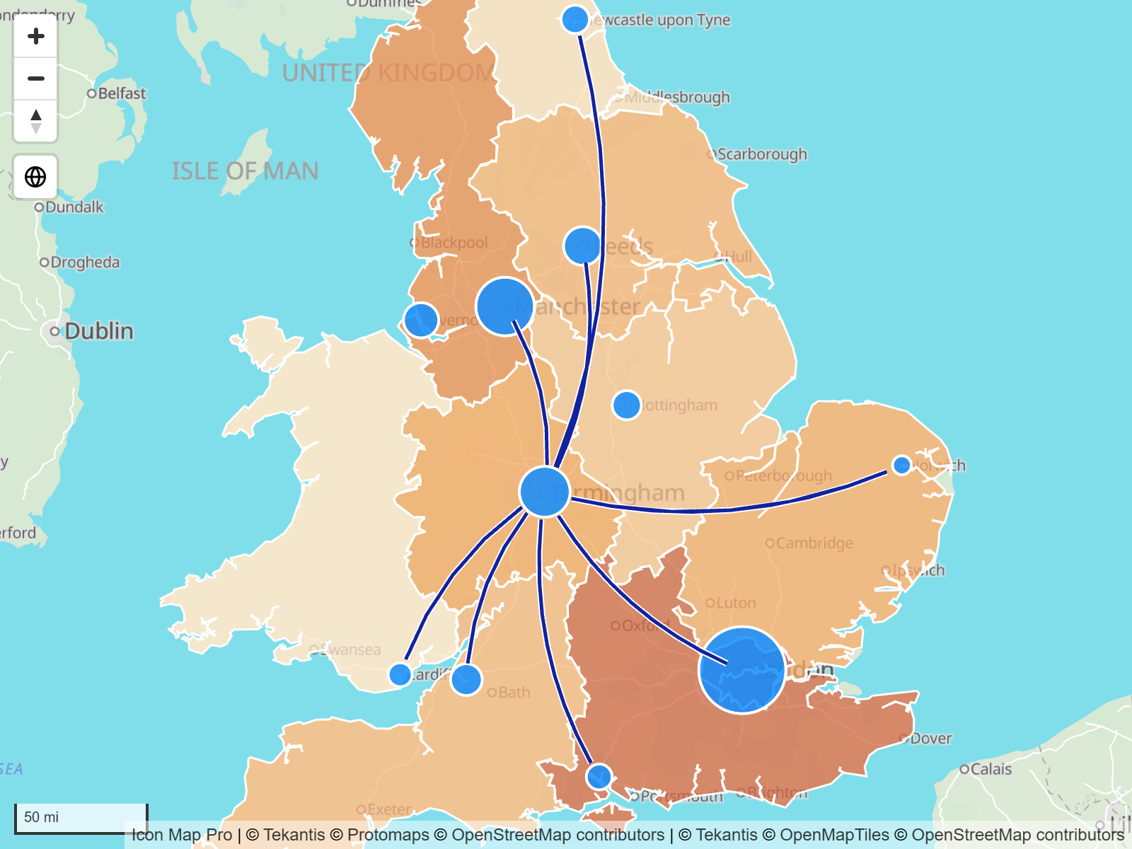 A map with circles, lines and colored regions drawn from one Power BI table