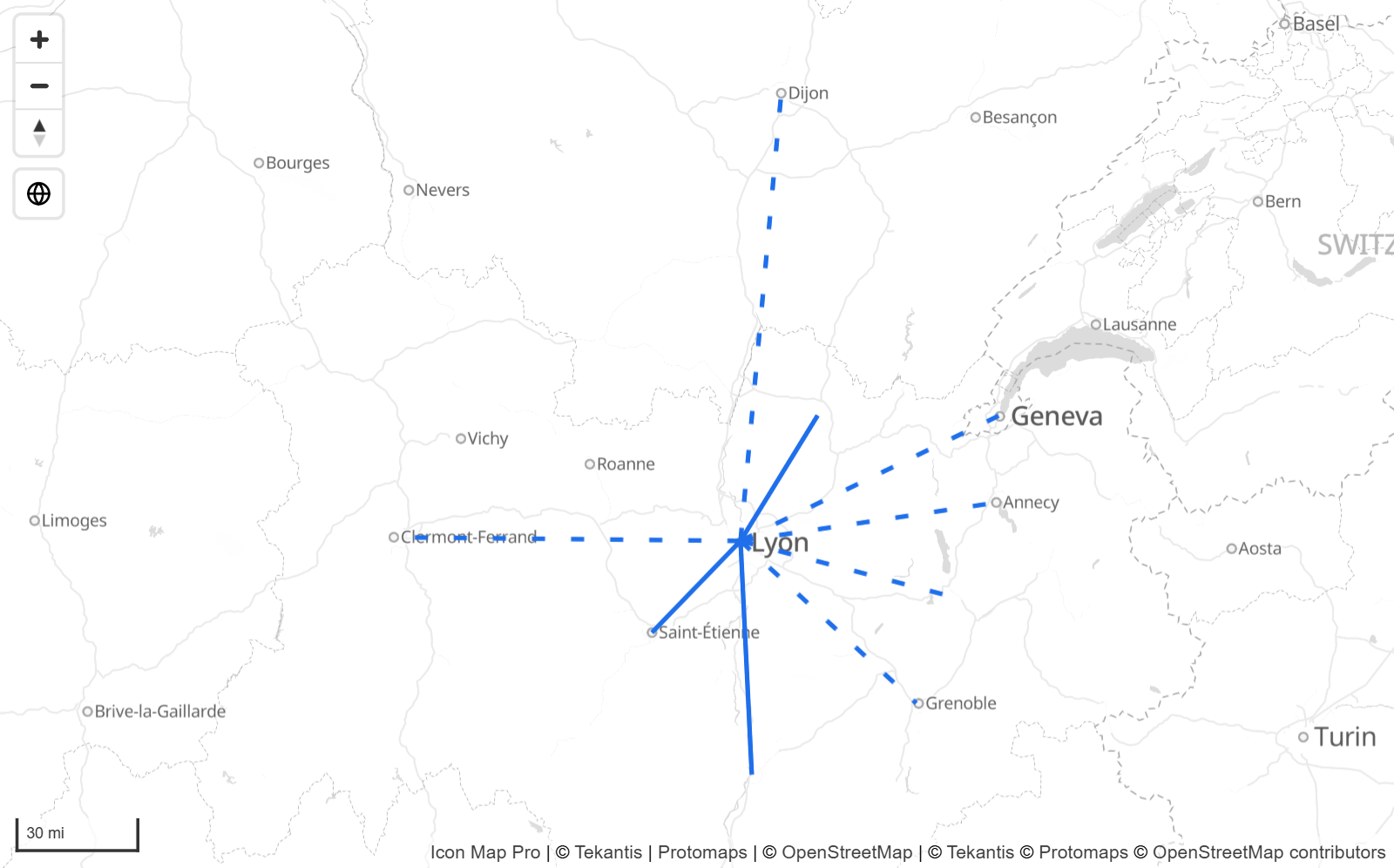 Gestrichelte Linien zwischen einem Lager und seinen Kunden
