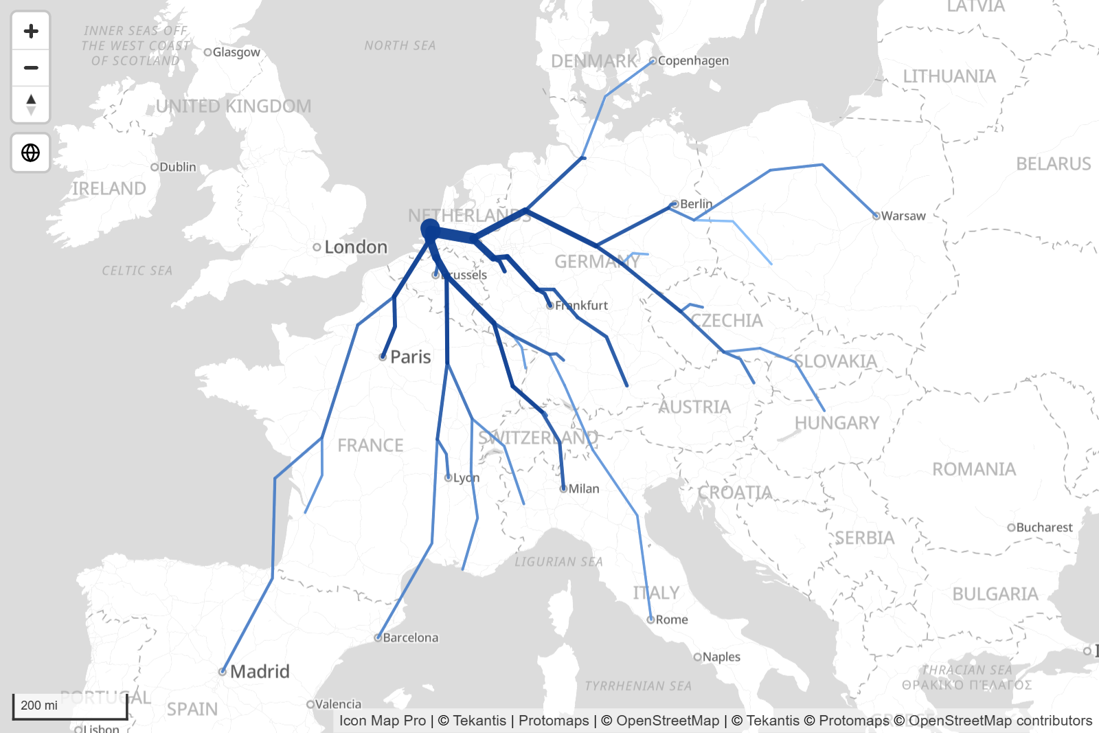 Flusslinien, die von einem einzelnen Hafen zu vielen Zielen zu Stämmen verschmelzen