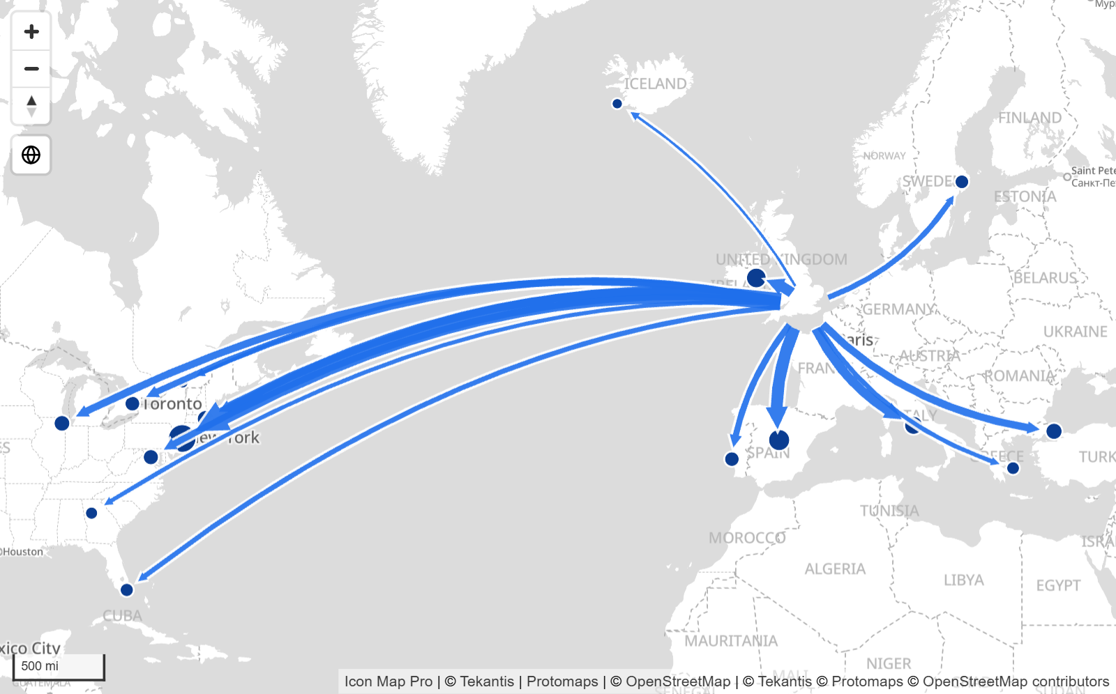 Gebogene Pfeile fächern sich von London zu Zielen in Europa und Nordamerika auf