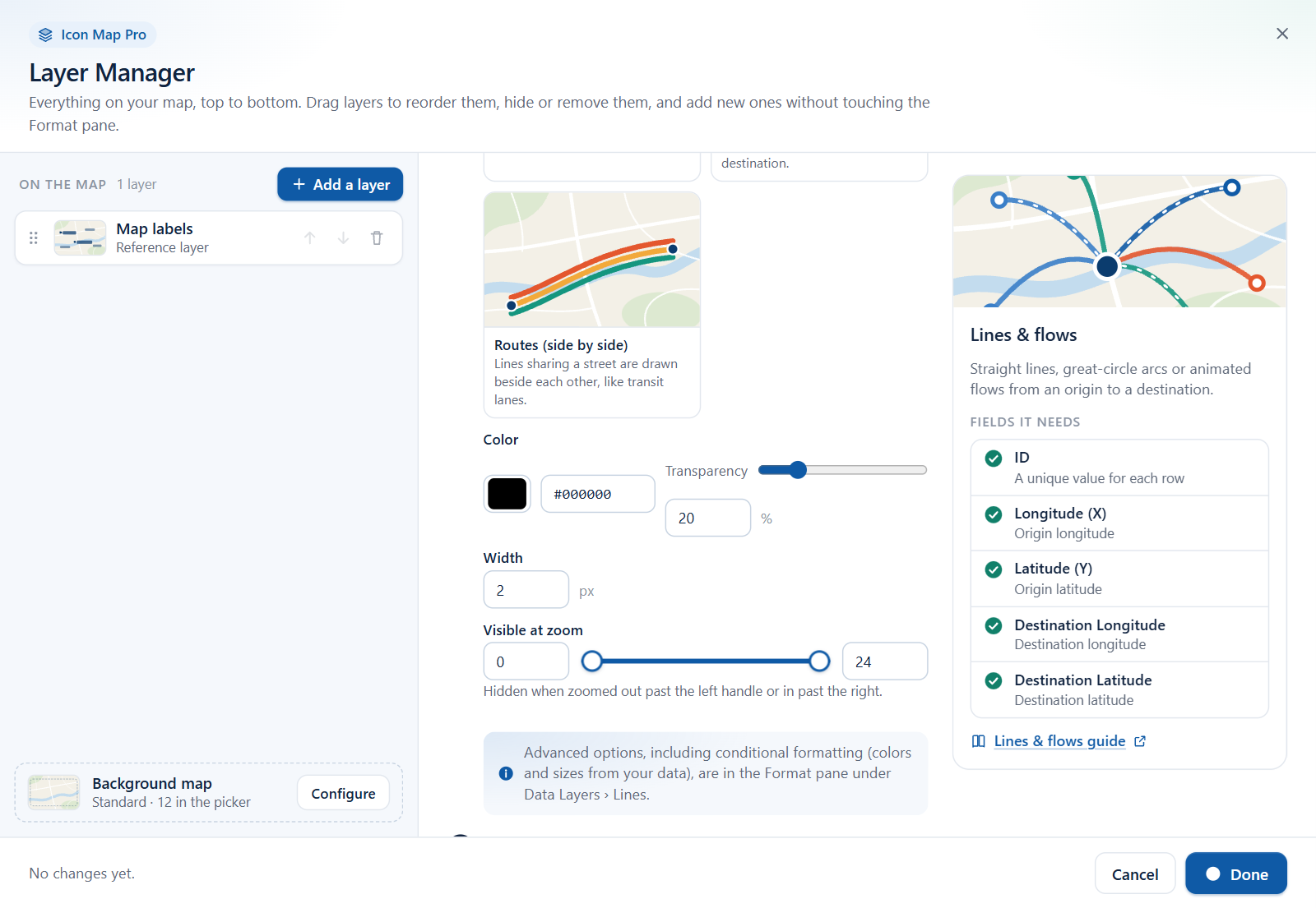 The Layer Manager add wizard for Lines and flows, with the Color, Width and Visible at zoom options and the list of fields the layer needs
