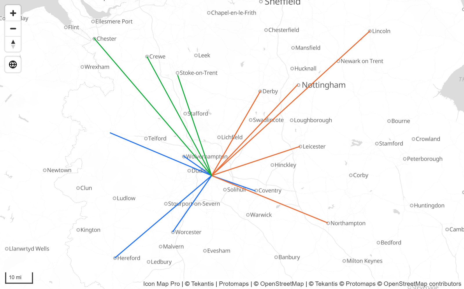 Gerade Linien von einem Depot zu Filialen, nach Region eingefärbt