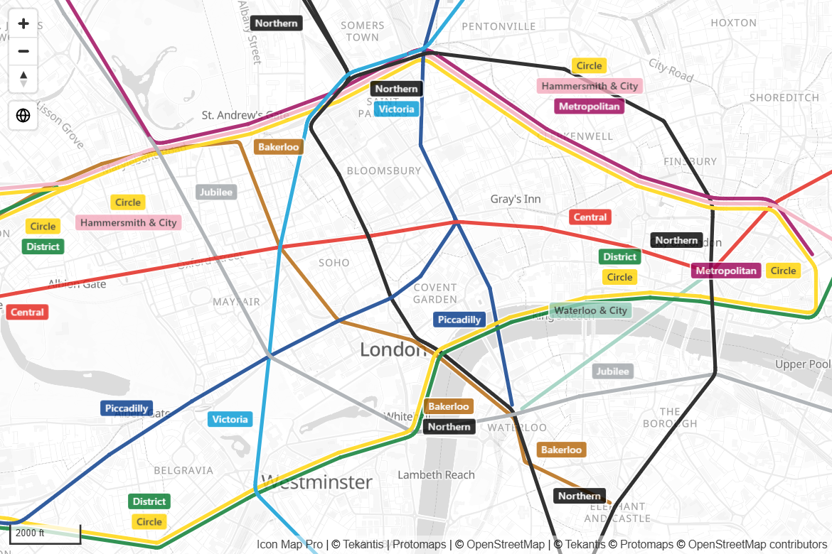 A transit network with several colored routes running side by side along shared streets