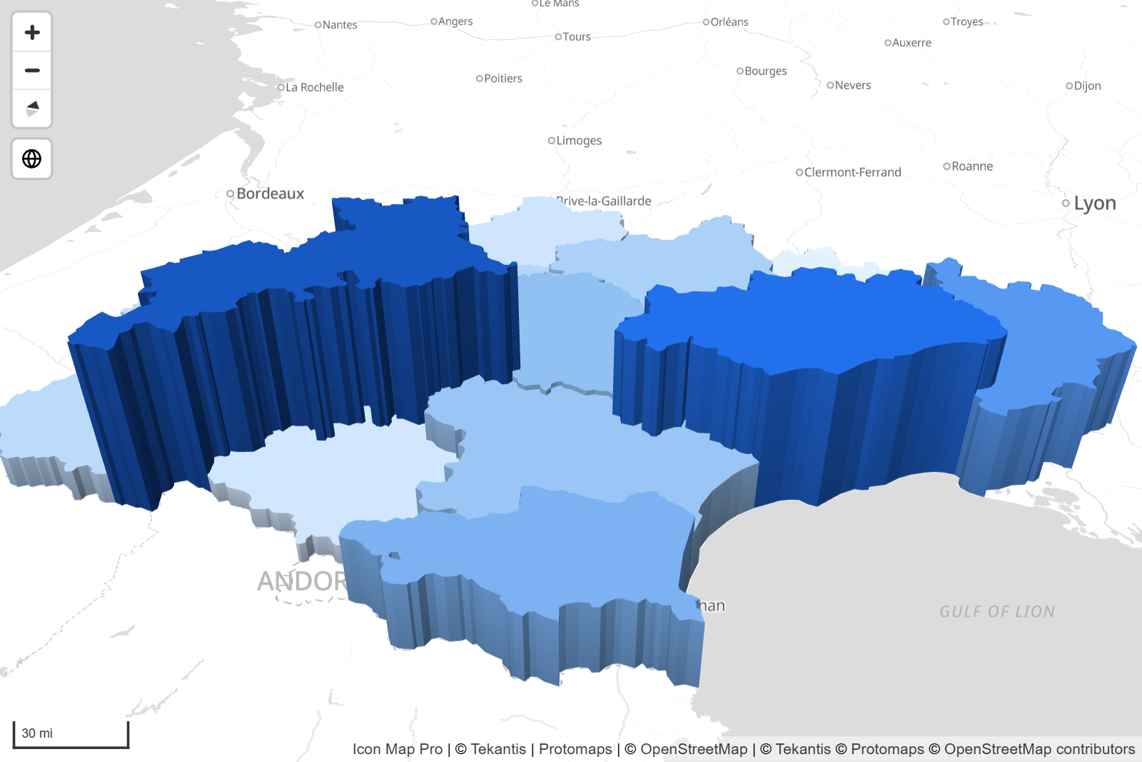 Polygons extruded to different heights on a tilted map